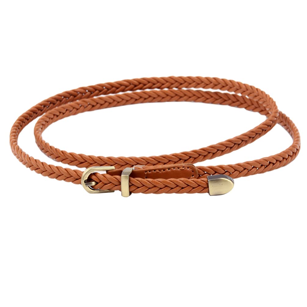 Junhouse Women Braided Waist Belt Skinny Woven Thin Belt Casual Webbed Vintage Leather Belt Waistband for Jeans Dresses (Brown)