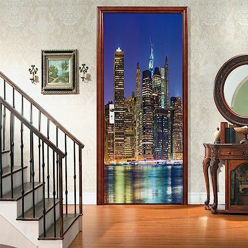 A.Monamour Sticker Porte Autocollant Poster De Porte 3D Horizon De Bâtiments De Manhattan De New York City La Nuit Vinyle Affiche De Porte Sticker Mural...