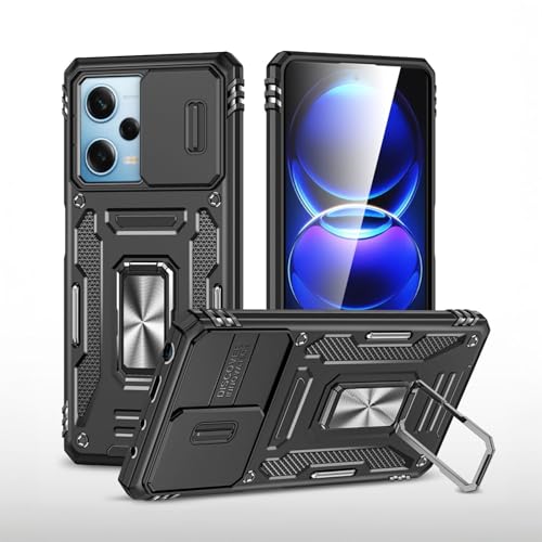 Image of Vaku Luxos Aegis Armor Slide TPU Back Cover Case for Xiaomi Redmi Note 12 5G with Magnetic Ring Holder Kickstand Camera Screen Protector- Black