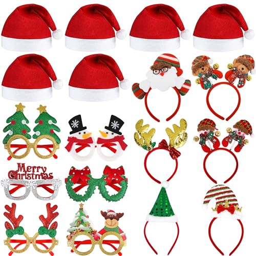 fiintrwa 18PCS Weihnachtsbrillen und Weihnachtsmann Mütze Set, Lustig Weihnachts Haarreif, Weihnachtsassesoires Geeignet für Erwachsene und Weihnachten Weihnachtsfeier