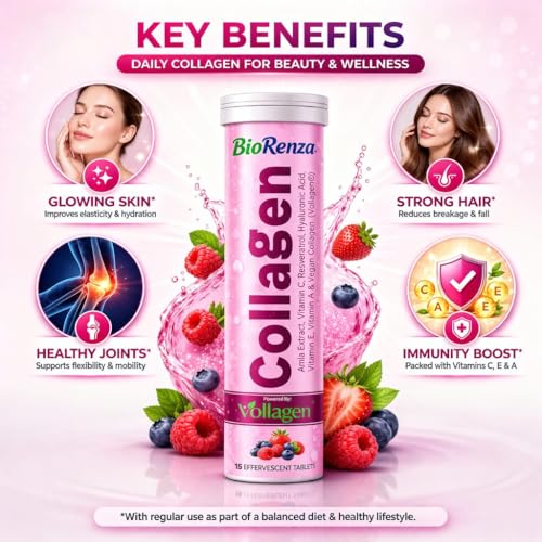 Image of Collagen Effervescent Tablets For Skin Glow | With Vitamin C, Hyaluronic Acid & Resveratrol | Mix Berry Flavor | Skin Hydration & Anti-Aging Support | Vegan Beauty Supplement For Women & Men | 15 Tablets Each (Pack Of 6)