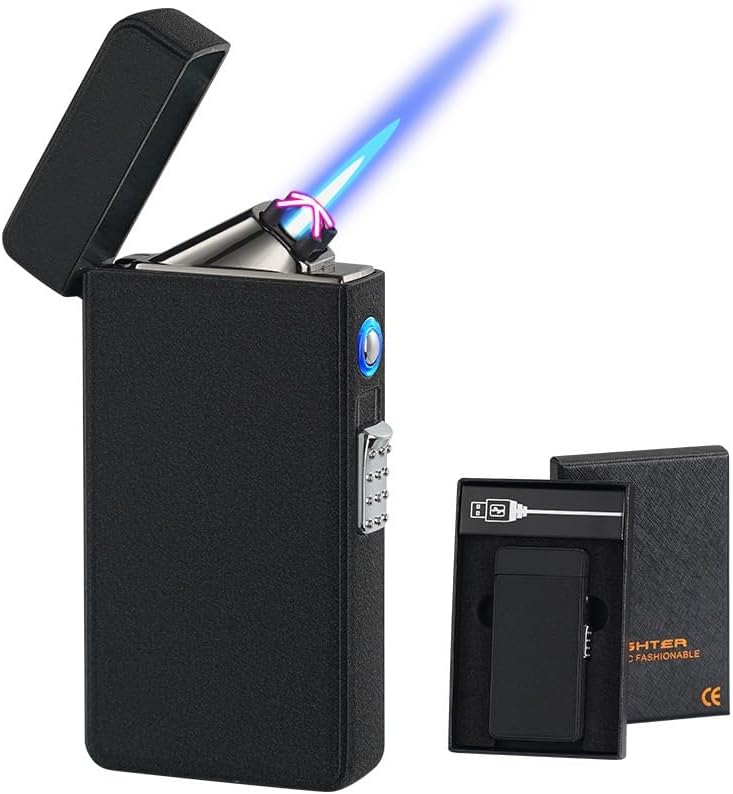 Gas-Electric 2 in 1 Torch Lighter, Dual Arc USB Rechargeable Refillable Butane Windproof Flameless for Men(Black Matte)
