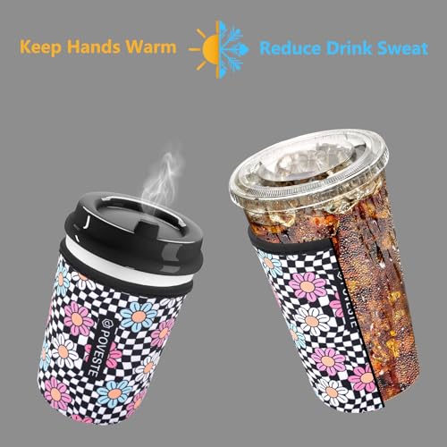 Image of Reusable Neoprene Insulator Sleeve for Iced Coffee & Cold Soda, Coffee Sleeves for Iced & Hot Drinks, Cold Beverage Cooler Compatible with Starbucks, Dunkin (Checkerboard&Daisy, Small: 16-18oz)