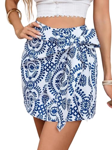 Women Summer Boho Print Wrap Short Skirt Tie Side High Waist A Line Beach Mini Skirt
