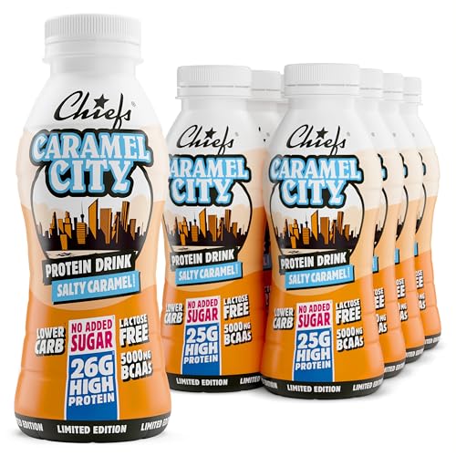 Chiefs High Protein Shake - Karamell - kein Zuckerzusatz & je 25 g Protein - Made in Austria, Laktosefrei - Low Carb Protein Shake für Muskelaufbau - 8x330ml Protein Drink mit Milcheiweiß
