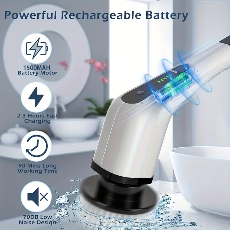 Image of Cordless Electric Spin Scrubber with Adjustable Extension Handle, Rechargeable Cleaning Brush Set with 5 Replaceable Heads, Waterproof Power Scrubber for Bathroom, Floor, Tile, Kitchen & Car Cleaning