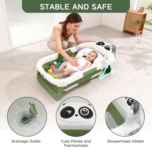Image of Foldable Baby Bathtub for Newborn to Toddler (0-24 Months), Portable Baby Bath Tub for Travel, Collapsible Baby Tub with Soft and Supportive Cushion (Panda-Green)