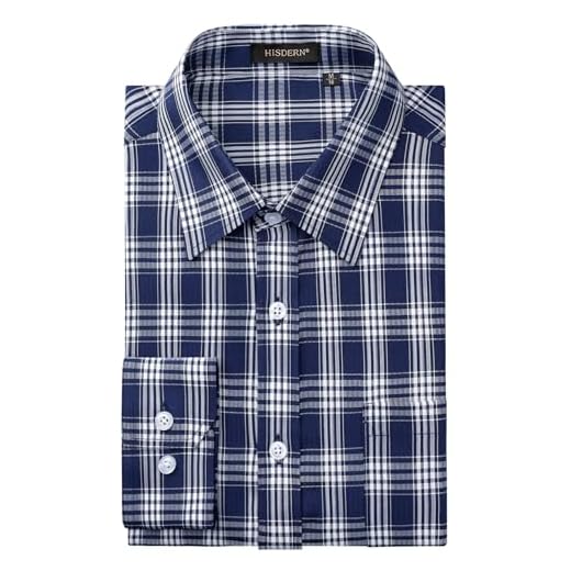 HISDERN Camisa social masculina casual xadrez abotoada manga longa formal negócios camisa guingham para homens, Xadrez azul marinho, 4G