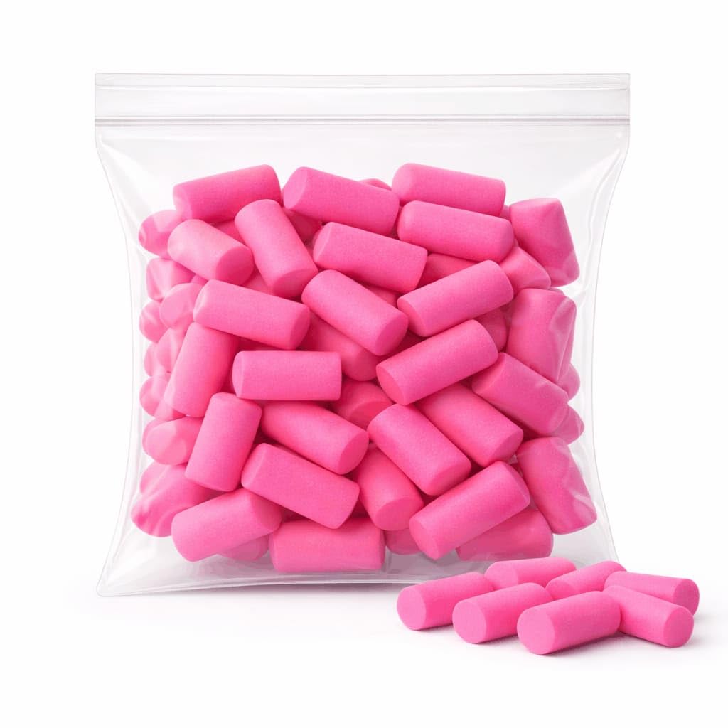38dB Foam Ear Plugs – Pink – 50 Pack – Soft Noise Cancelling Earplugs for Sleep, Study, Travel & Work