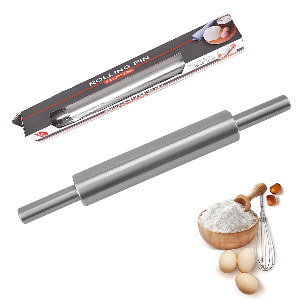Nudelholz Edelstahl, Antihaft Teigroller Edelstahl, 43 cm Drehbare Teigrolle mit Griff, Nahtloses Gerades Teigrolle, Backzubehör Rolling Pin für Pizza Fondant Kuchen Hefeteig Knetteig Küche, Haushalt & Wohnen