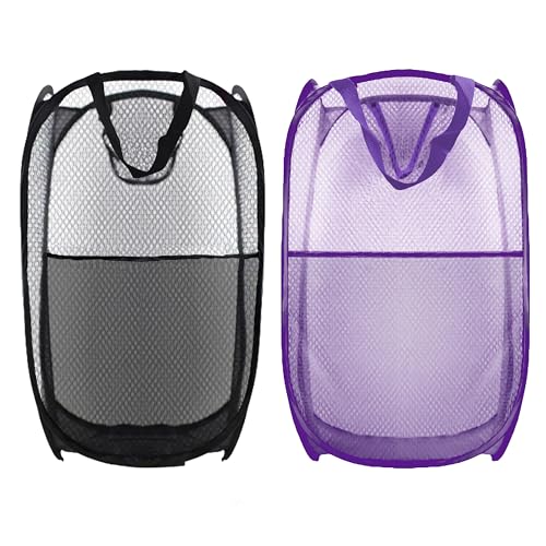 Image of Collapsible Pop Up Laundry Hamper, Extra Large Mesh Foldable Laundry Basket Bag, 28 inch x 16 inch x 16 inch, 2 Pack (Black + Purple)