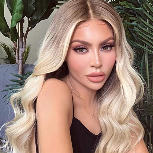 MIMAN 19 Inch Long Ombre Blonde Wigs Curly Wig Brown Roots Omber Blonde Wavy Curly Wig Synthetic Cosplay Wig Halloween Costume Wigs for Women