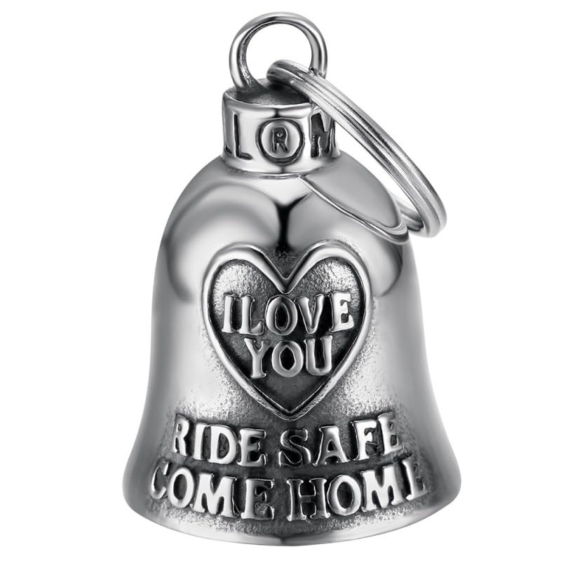 MOCY BELL - Campanellino da moto Mocy Bell - I Love You - Ride Safe - Come Home - Portafortuna motociclista in acciaio inossidabile 316L - Talismano protezione e amore - Regalo motociclista uomo donna