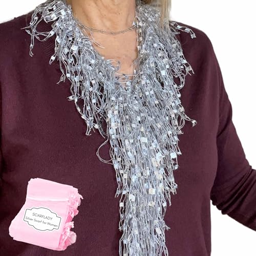 Silver Scarf for Women - Ladies Lightweight Infinity Scarves - Womens Sparkle Sequin Dressy Scarf for Evening Party - Long BIB Necklace Scarfs Jewelry Scarves - Birthday or Christmas Gift for Women