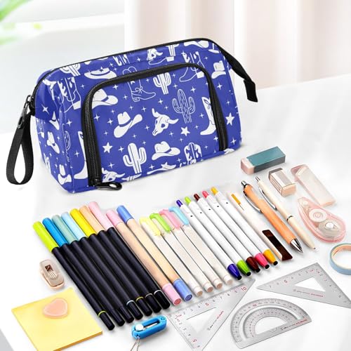 Image of Western Cowboy Blue Pencil Case Pouch Big Capacity Pencil Bag Box Organizer Pen Case with Handle Pencil Cases for Girls Boys Women Kids Adults School