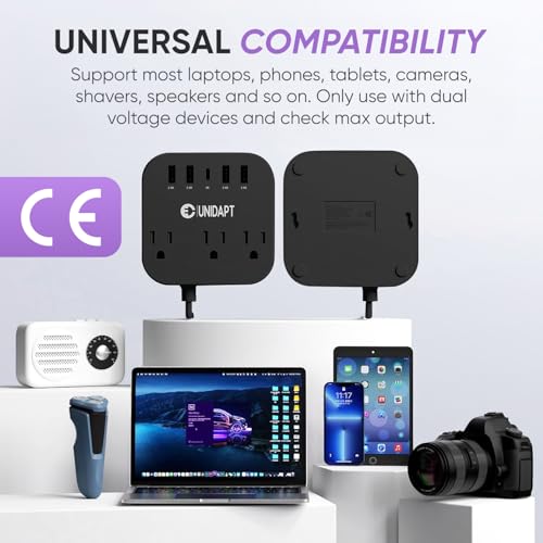Image of European Plug Adapter, Unidapt US to UK Europe Power Strip for EU /UK /US with USB C and 4 USB Ports, 3 AC Outlets, Wall Mountable, 5ft Extension Cord, for Travel Cruise Ship Home (Black)