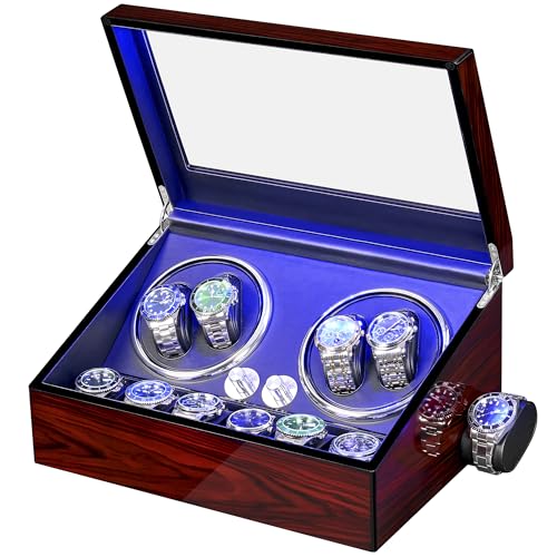 ANWBROAD Caja giratoria para relojes automáticos, 4 relojes+6 ranuras de memoria adicionales, 4 modos de giro con Mabuchi supersilencioso, lujoso, automático, cargador USB, JWW002R
