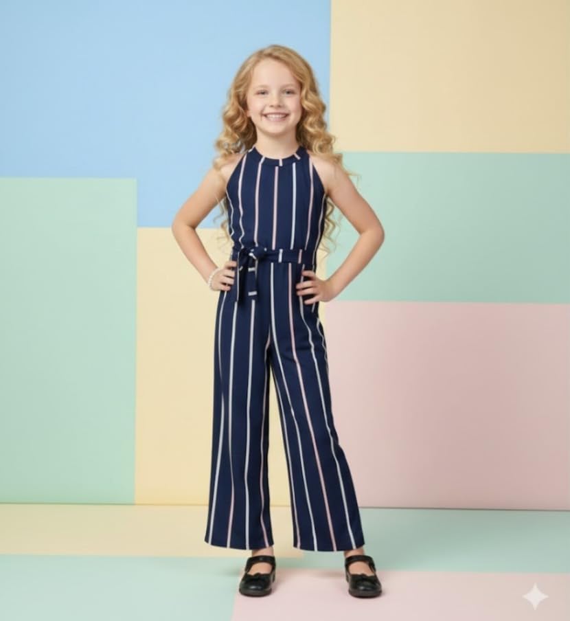 Image of A.T.U.N. (ALL THINGS UBER NICE) Girls Printed Poly Silk Jumpsuit with Tie-Up Belt | Stylish Sleeveless One-Piece Outfit for Kids | Trendy Comfortable Wear for Parties Functions & Photoshoots