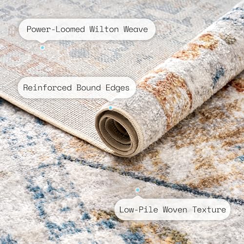Image of AMERLIFE 5'x8' Wilton Collection Area Rug, Durable Low Pile Non-Slip Washable Rug for High Traffic Areas, Vintage Diamond Medallion Rug for Living Room, Bedroom, Dining Room, Yellow /Blue