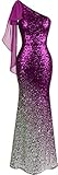 Angel-fashions Women's Asymmetric Ribbon Gradual Sequin Mermaid Long Prom Dress (L, Magenta)