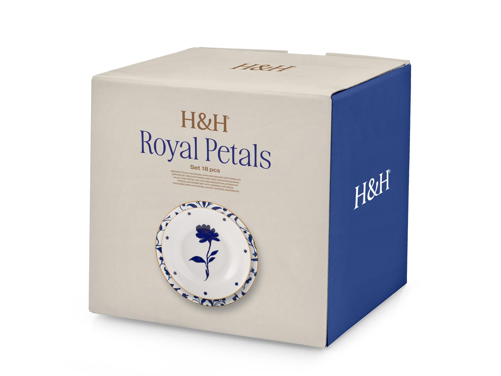 H&H Servizio Tavola Royal Petals in Porcellana Decorata 18 Pezzi – 6 Piatti Piani 27 cm, 6 Fondi 27 cm, 6 Frutta 19 cm Forma Ala – Idoneo Lavastoviglie e Microonde