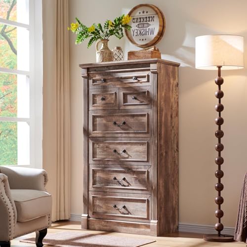 Image of Farmhouse 7 Drawers Dresser for Bedroom, 57 inch Tall Large Dressers & Chests of Drawers w /Roman Column, Storage Dressers Organizer for Bedroom, Hallway, Living Room, Light Brown