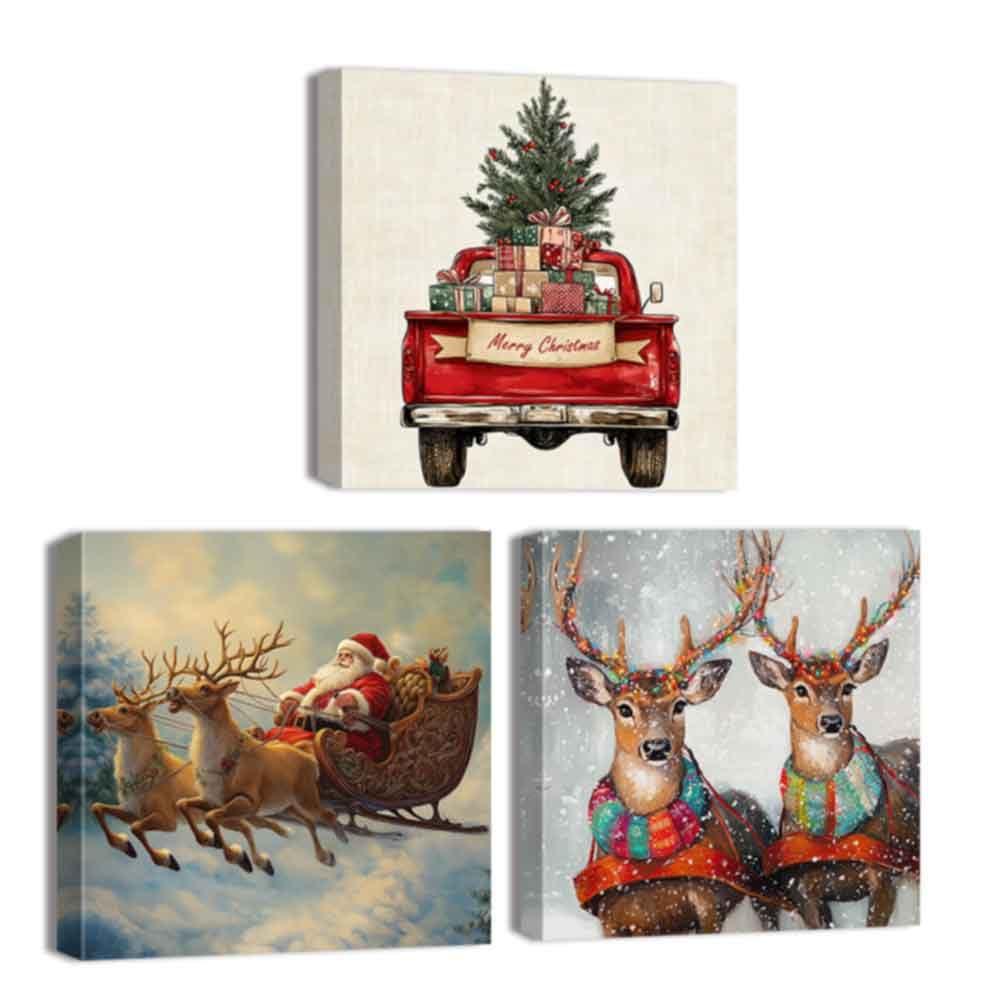 ZQQART 3 PCS Christmas Canvas Wall Art Winter Snowman Picture Christmas Tree Poster Art Xmas Party Farmhouse Cottage Decor Frame(Red,12.00"x12.00"x3Pcs)