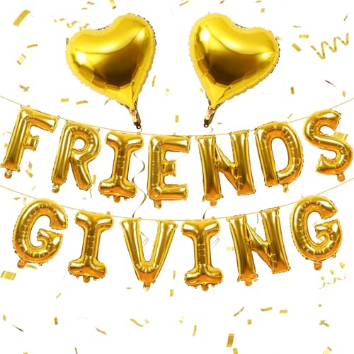 Image of Friendsgiving Balloons Friends Giving Party Decorations 16 Inches Tall Gold Heart Friendsgiving Foil Mylar Balloon Letter Banner for Fall Theme Thanksgiving Friends Party Backdrop Supplies