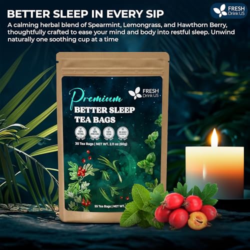 Image of FreshDrinkUS, Premium 75 Tea Bags Better Sleep Herbal Tea | Caffeine-Free Loose Leaf Blend with Spearmint Leaves, Lemongrass Leaves, and Hawthorn Berry - Naturally Refreshing and Aromatic.