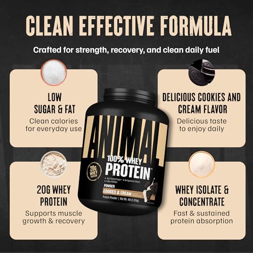 Image of Animal 100% Whey Protein Powder - Whey Blend for Pre Workout or Post Workout, Recovery, Anytime Low Sugar Protein Boost Meal Replacement with BCAA Branched Chain Amino Acids - Cookies & Cream, 4 lb