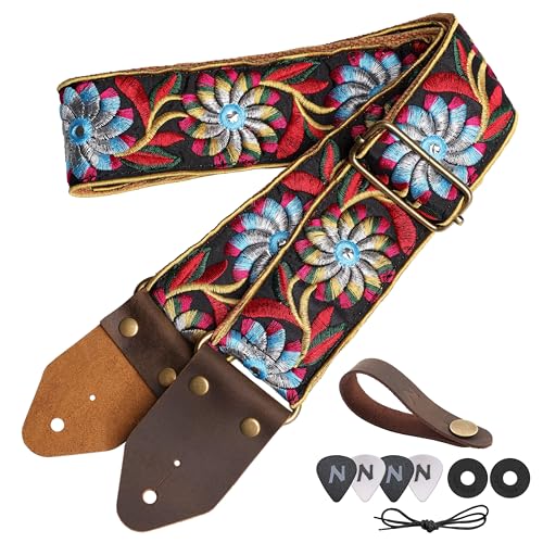 Image of Nefelibata Guitar Strap,Crazy Horse Leather Jacquard Embroidery Cotton Guitar Straps for Bass, Electric & Acoustic, Best Gifts for Guitarists(Retro Black Daisy)