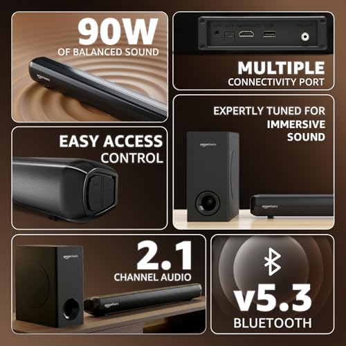 Image of amazon basics 90W Soundbar with Wired Subwoofer | 2.1 Channel Home Theatre|Bluetooth 5.3, HDMI ARC, USB, AUX | Deep Bass Subwoofer | Remote Control | Soundbar for Smart TVs, Gaming & Music (Black)