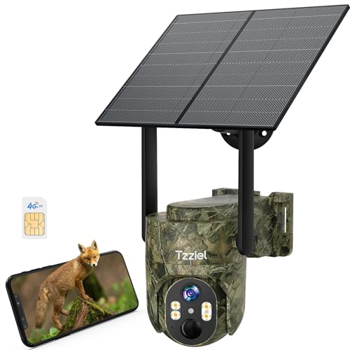 Tzziel 4G Camara Vigilancia Exterior Solar Sin WiFi con Tarjeta SIM, 2K PTZ Inalámbrico, 10400mAh, 6W Panel Solar, Visualización de 360 °, Detección de Movimiento, Audio Bidireccional, IP66
