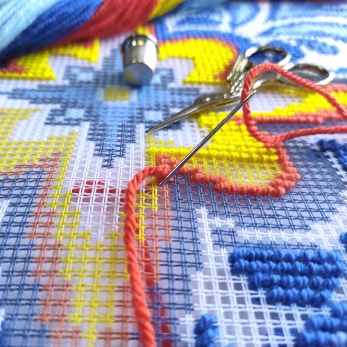 Image of Brvsk Ornamental Stamped Cross-Stitch Kit for Adults and Beginners - Fire and Ice 16″ x 16″ with Clear, Precise Printed Design on Cotton Canvas; Includes 2 Needles, Yarn, and Easy-Read Chart
