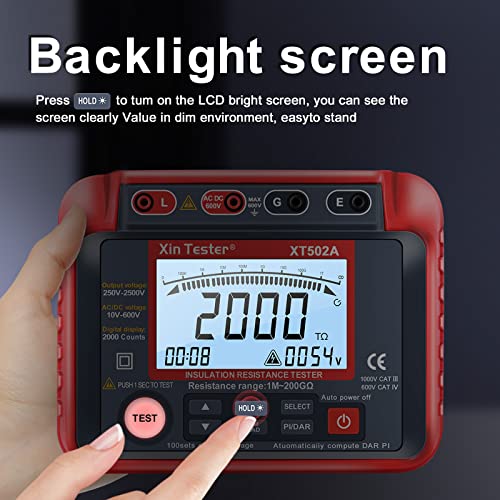 Image of Xin Tester 2500V AC DC Insulation Megger Tester Megohmmeter, 250V /500V /1000V /2000V High Voltage Auto Ranging Auto Earth Grounding 200GΩ Resistance Meter LCD Display XT502A