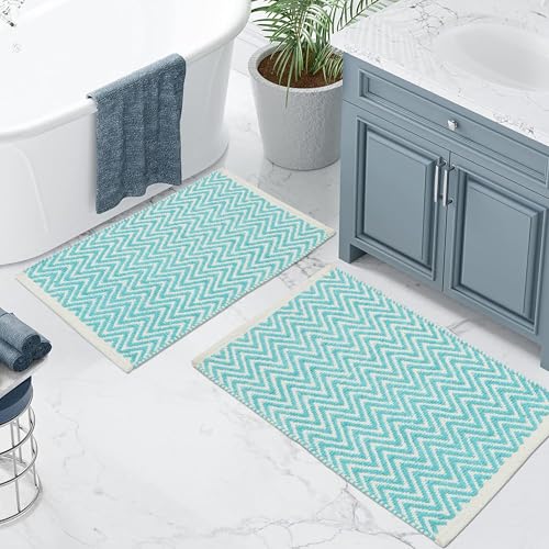 Image of THE HOME TALK Set of 2 Cotton Chenille Bath Rug | Area Rug for Spa, Vanity Shower, Kitchen & Living Room | Water Absorbent Linens | Warm & Soft Carpets | Bathroom Accessories (40x60 cm, Turquoise)