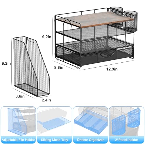 Image of gianotter Desk Organizers and Accessories with File Holder, 4-Tier Desk Accessories & Workspace Organizers with Drawer and 2 Pen Holder, Paper Organizer for Office Supplies (Wood)