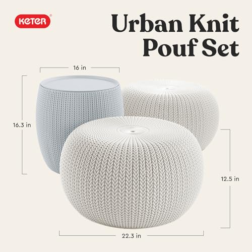 Image of Keter Urban Knit Pouf Ottoman Set of 2 with Storage Table for Patio and Room Decor - Perfect for Balcony, Deck, and Outdoor Seating, Grey & White