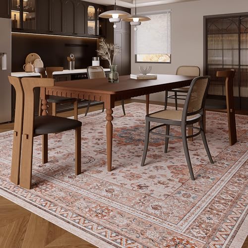 Vintage 8x10 Washable Area Rug, Low-Profile Large Area Rug with Non-Slip Backing & Durable Edge Binding, Pet-Friendly Carpet, Large Rug for Living Room, Bedroom, Dinning Room