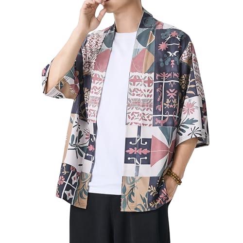 Image of PRIJOUHE Men's Japanese Kimono Cardigan Jackets Casual Long Sleeve Open Front Coat Lightweight Yukata Outwear