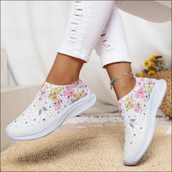 DESESE Women's Rhinestone Stretch Casual Breathable Sneakers Fashion Mesh Walking Shoe Slip-on Loafers3