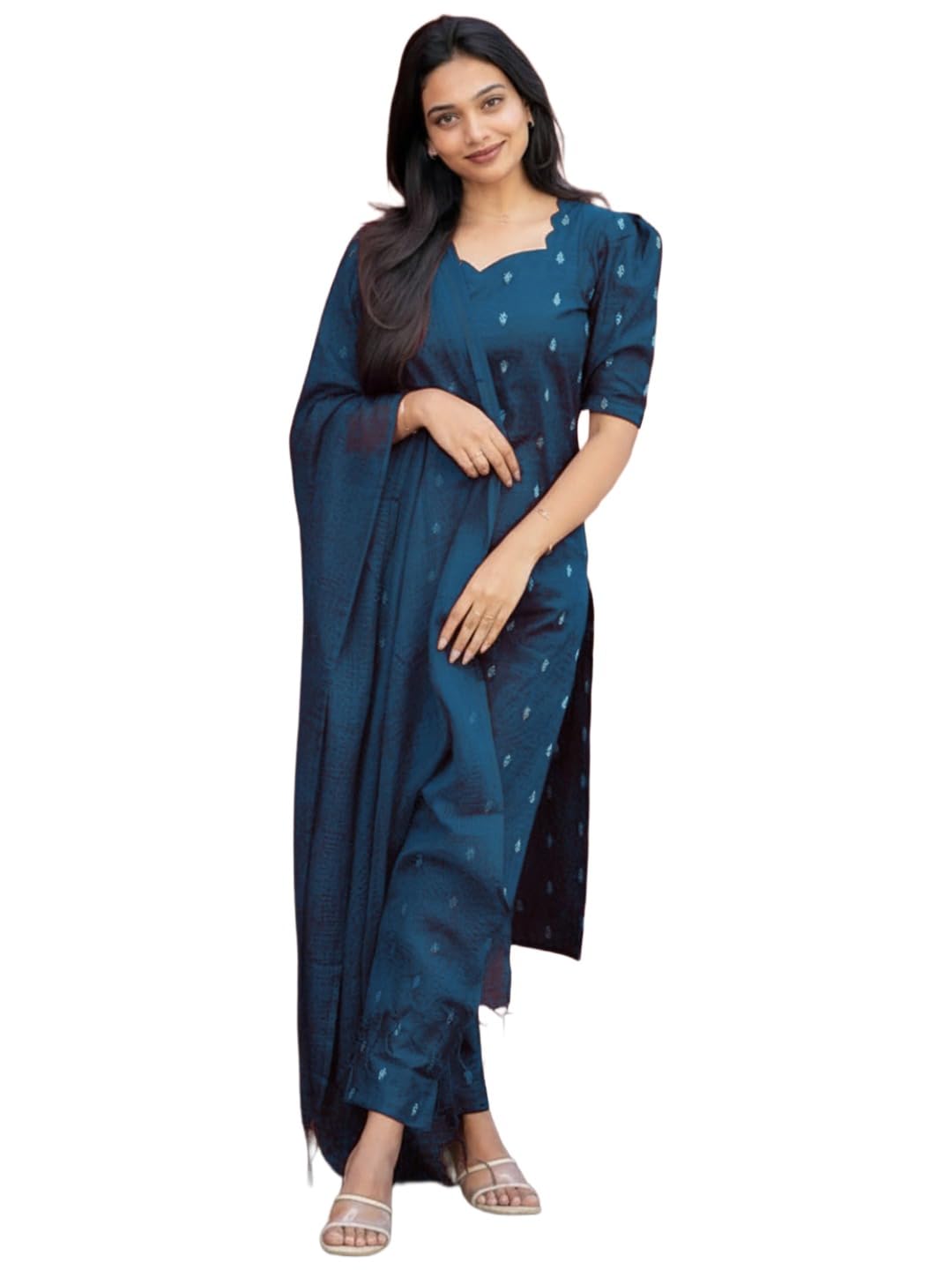 GoSriKi Kurta Set for Women Viscose Printed | Kurti Set for Woman | Kurta Pant Dupatta 3 Piece Outfit | Sweetheart Neck Elbow Sleeve Regular Fit Ethnic Dress Stylish Womens Clothing