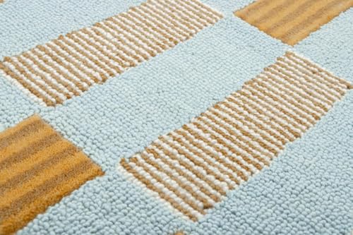 Image of Hand Tufted Checkered 100% Wool Area Rug with Scalloped Edges - 7x10 Ft | Rectangular Light Blue Base, Mustard and Beige Blocks, Olive Green Scalloped Edge, Cotton Backing 10 -15 mm Plush Pile Carpet