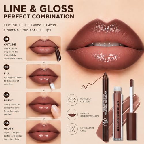 Image of 2PCS Lip Gloss with Brown Lip Liner Lip Combo Set - Chocolate Kiss Deep Brown Shade for Defined Contour Lips, Lip Plumping Effect, High Shine Glossy Finish, Overlined Lips for Fuller Looking Lips