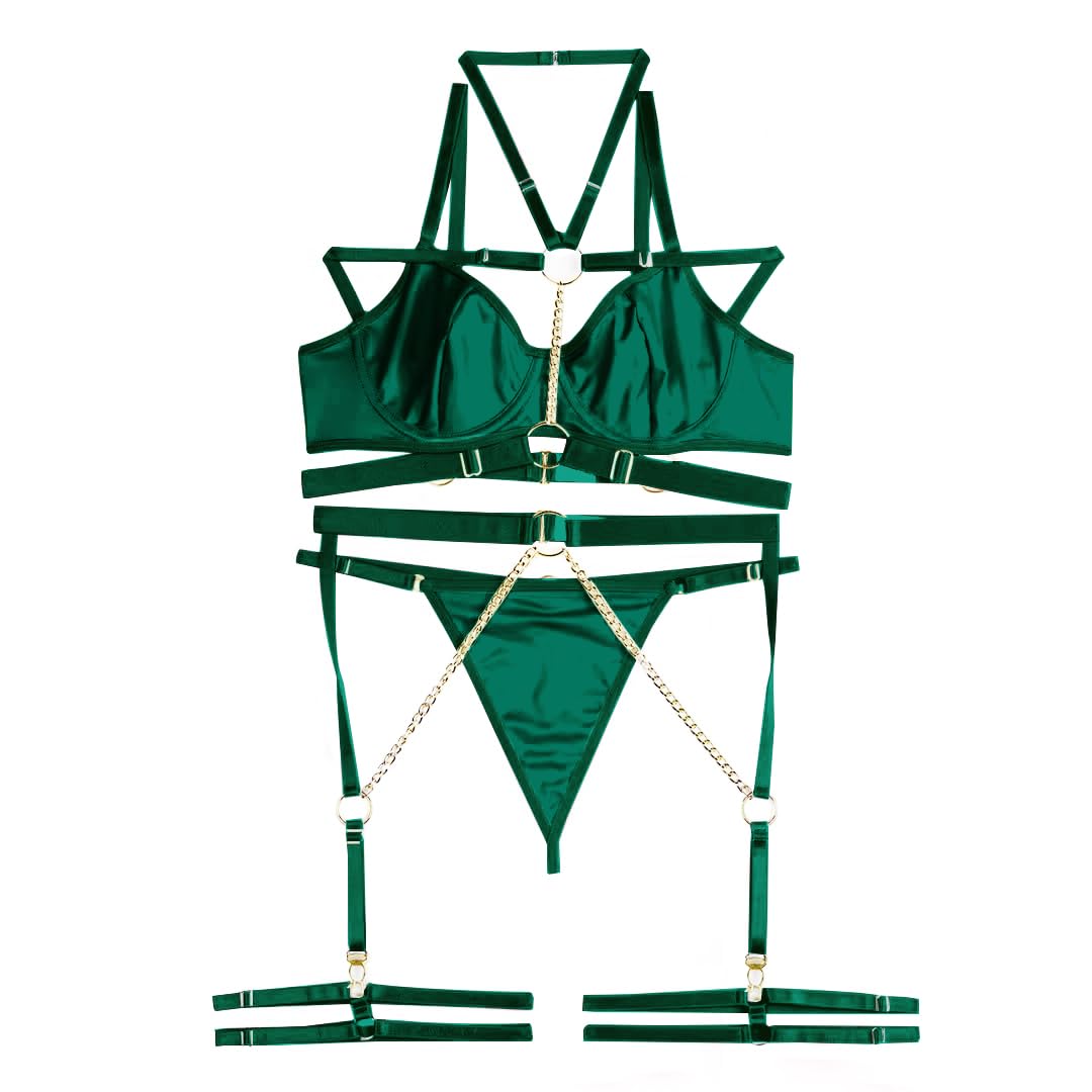 Plain Harness Underwire Garter Lingerie Set With Choker & 1pair Leg Ring