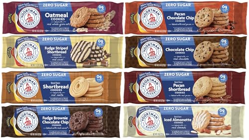 Voortman Sugar Free Cookies - Variety Pack - Chocolate Chip - Fudge Brownie - Pecan Shortbread - Pecan Chocolate Chip - Iced Almonette - Oatmeal, Fudge Striped, Shortbread - 8 Packs