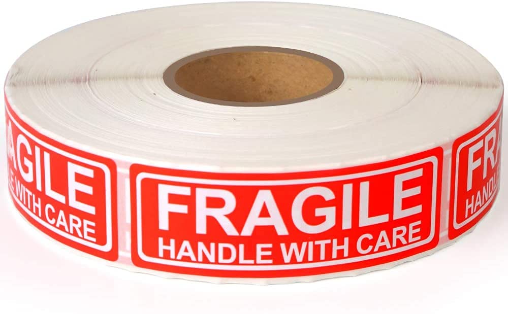 Rubik 1000pcs Fragile Labels Roll, 1"x3" Strong Adhesive Red Fragile Warning Stickers Handle with Care for Shipping and Moving (1 Roll=1000 Labels)