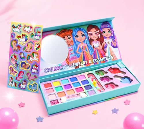 Image of VikriDA Kids Washable Makeup Kit, Fold Out Makeup Palette with Mirror, Make Up Toy Cosmetic Kit Gifts for Girls - Safety Tested- Non Toxic