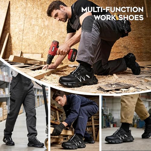 Image of Hogent Steel Toe Shoes for Women Men Wide Non Slip Work Sneakers Indestructible Shoes Lightweight Breathable Construction Sneakers Puncture Proof Ergonomic Design