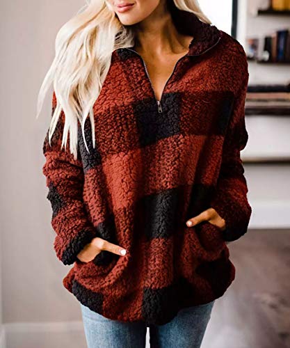 ZESICA Women's Plaid Long Sleeve Zipper Sherpa Fleece Sweatshirt Pullover Jacket Coat with Pockets Orange Red